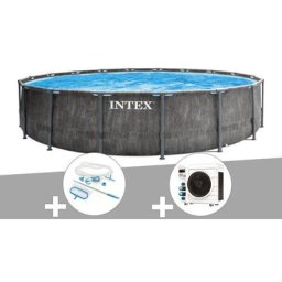 Intex - Kit piscine tubulaire Baltik ronde 5,49 x 1,22 m + Kit d'entretien + Pompe à chaleur - Gris