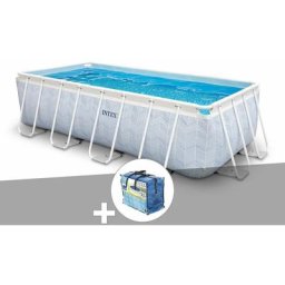 Intex - Kit piscine tubulaire Chevron rectangulaire 4,00 x 2,00 x 1,00 m + Bâche à bulles - Bleu