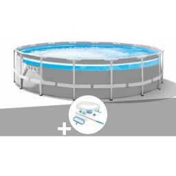 Intex - Kit piscine tubulaire Prism Frame Clear Window ronde 4,88 x 1,22 m + Kit d'entretien - Gris