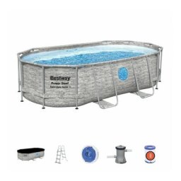 Bestway - Piscine Hors Sol Tubulaire Power Steel Design Pierre 427x250x100 cm Épurateur à Cartouche