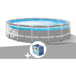 Intex - Kit piscine tubulaire Prism Frame Clearview ronde 4,88 x 1,22 m + Bâche à bulles - Gris