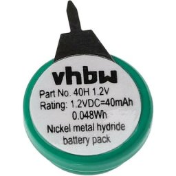 Pile bouton type V40H (NiMH, 40 mAh, 1,2 v) - 1 élément, connection 2 broches, rechargeable - Vhbw
