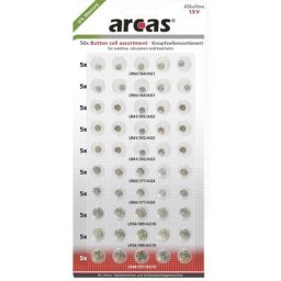 Jeu de piles bouton 10x AG1, AG4, AG10, 15x AG3 et 5x AG13 - Arcas