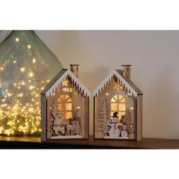 Village de Noël Lumineux en Bois. Lot de 2 maisons décoratives de noël avec LED h=23cm l=14,5cm, à