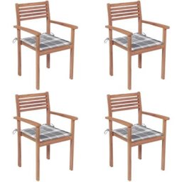 Chaises de jardin 4 pcs avec coussins à carreaux gris Teck Vidaxl Motif carreaux gris