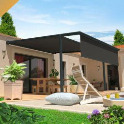 Pergola Toile pyrite 4,00x4,00 m Motorise Secours à Télécommande + Coffre led + Lambrequin ( - Gris