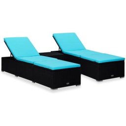 Chaises longues de jardin table à thé 3 pcs Résine tressée Noir Vidaxl Noir et bleu