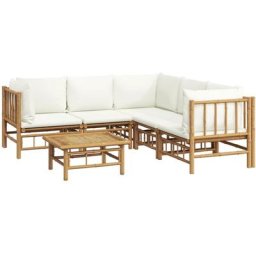 Salon de jardin 6 pcs avec coussins blanc crème bambou Vidaxl n/a