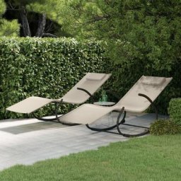 Lot de 2 Chaises longues à bascule | Bain de soleil Fauteuil à bascule Crème Acier et textilène