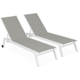 Lot de 2 bains de soleil ELSA en aluminium et textilène . transats multi positions avec roulettes