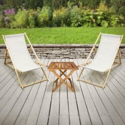 Ecd Germany - Set 2x bains de soleil avec table basse pliante en bois fauteuils de plage beige