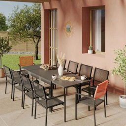 Ensemble Table de jardin extensible aluminium 135/270cm + 10 Fauteuils empilables corde Anthracite
