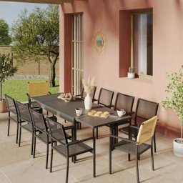 Ensemble Table de jardin extensible aluminium 135/270cm + 10 Fauteuils empilables corde Anthracite