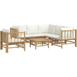 Salon de jardin 7 pcs avec coussins blanc crème bambou vidaXL - N/A