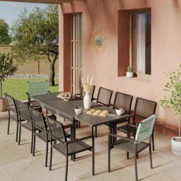 Ensemble Table de jardin extensible aluminium 135/270cm + 10 Fauteuils empilables corde Anthracite