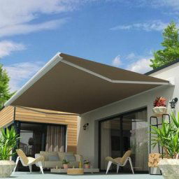 Store banne coffre soa 4,00x3,50 m (Motorisé Secours à Télécommande - Blanc - Taupe) - Blanc