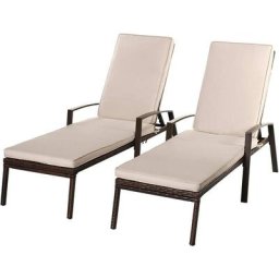 Chaise Longue en Rotin de Jardin avec Dossier Inclinable à 5 Niveaux, Matelas Épais avec Tissu