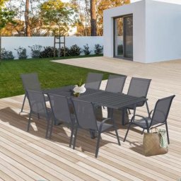 Salon de jardin poly extensible table 90-180 cm et 8 chaises gris anthracite - Gris