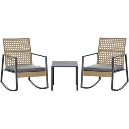 Ensemble de jardin 3 pièces style colonial 2 fauteuils à bascule avec coussins assise gris table