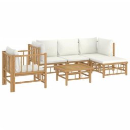 Salon de jardin 6 pcs avec coussins blanc crème bambou vidaXL - N/A