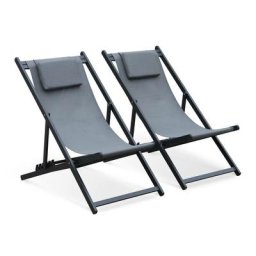 Alice's Garden - Lot de 2 bains de soleil - Gaia gris - Transat en aluminium gris anthracite et