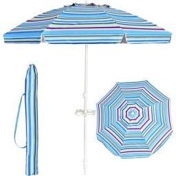 Parasol de Plage Inclinable avec Mât Démontable et Pieds à Vrille, Parapluie de Soleil à 8 Baleines
