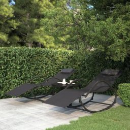 Lot de 2 Chaises longues à bascule | Bain de soleil Fauteuil à bascule Noir Acier et textilène 71816