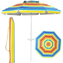Parasol de Plage Inclinable avec Mât Démontable et Pieds à Vrille, Parapluie de Soleil à 8 Baleines