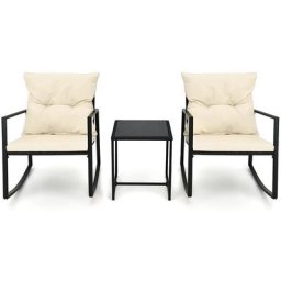 Maxxgarden - Garden Set - Chaise à Bascule - 2 Personnes avec Coussin et Table - Rotin Noir