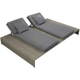 Bain de soleil double Chaise de jardin - Transat de jardin avec coussin Résine tressée Gris