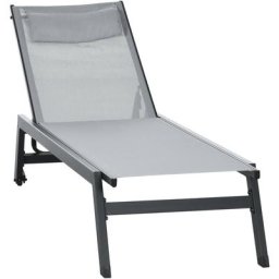 Bain de soleil transat inclinable 5 positions - tétière, 2 roulettes - alu. textilène gris - Gris