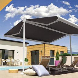 Store banne double pente enargite 6,00x2x3,00 m (Motorisé à Télécommande - Blanc - Gris Graphite)
