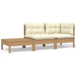 Salon de jardin 3 pcs avec coussins crème Bois de pin massif Vidaxl marron miel