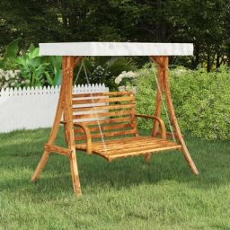 Hommoo - Cadre de balancoire avec toit creme Bois courbe a finition teck