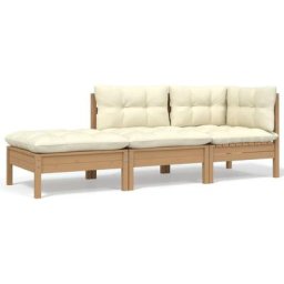 Salon de jardin 3 pcs avec coussins crème Bois de pin massif Vidaxl marron miel
