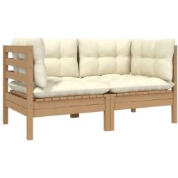 Canapé 2 places de jardin et coussins crème Bois de pin solide Vidaxl marron miel