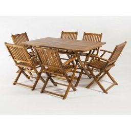 Ensemble d'extérieur en teck, table rectangulaire 150 cm x 90 cm x 76 cm et 6 chaises pliantes,