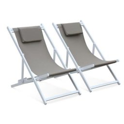 Lot de 2 bains de soleil - Gaia taupe - en aluminium blanc et textilene taupe avec coussin repose