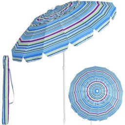Parasol de Plage Inclinable avec Mât Démontable et Pieds à Vrille, Parapluie de Soleil à 16