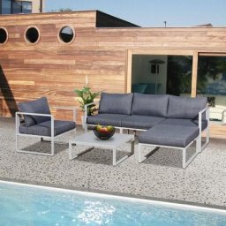 Salon de jardin en aluminium 4 places + pouf + table basse rectangle