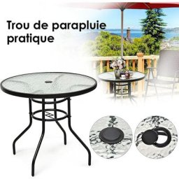 Table de Jardin Ronde D80xH71CM-Plateau en Verre Trempé à Eau avec Trou de Parasol-Charge 75KG-pour