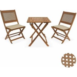 Alice's Garden - Table de jardin bistrot en bois et cannage 2 chaises. 1 table - Bohémia 60x60x72