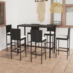 Set de 1 Table + 6 Tabourets de bar de jardin | Ensemble Table et Chaises et coussins Résine