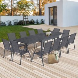 Salon de jardin poly extensible table 135-270 cm et 12 chaises gris anthracite - Gris