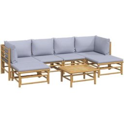 Salon de jardin 7 pcs avec coussins gris clair bambou vidaXL - N/A