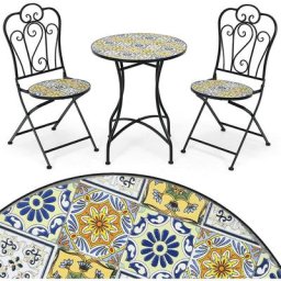 3 Pcs Set de Salon de Jardin Mosaïque avec 2 Chaises Pliantes et 1 Table Rond,Ensemble de Table et