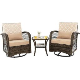 Ensemble Table Chaise Jardin, Salon de Jardin 2 Personnes Extérieur avec 2 Fauteuils à Bascule 360°
