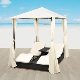 Bain de soleil double Chaise de jardin - Transat de jardin avec rideaux Résine tressée Noir
