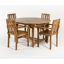 Ensemble de jardin en bois de teck Table ronde extensible 120/180 cm et 4 fauteuils empilables Bois
