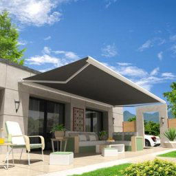 Store banne coffre onyx 6,00x3,50 m (Motorisé Secours à Télécommande - Blanc - Gris Graphite)